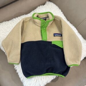 Baby Patagonia Tan and Black Synchilla Snap Fleece Pullover with Green Trim